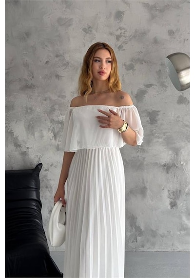 Neşeli Butik Kadın Madonna Yaka Piliseli Şifon Elbise Nbk2099 Beyaz