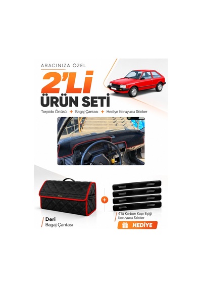 Mazda 323 Bd Eski Kasa 1980-1985 Uyumlu Torpido Örtüsü + Deri Çanta + Sticker - Siyah Kırmızı
