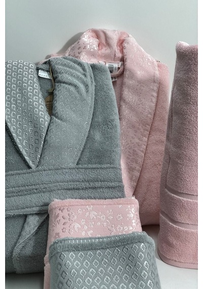 Camellia Aile Bornoz Seti Gri Pembe Gri - Pembe