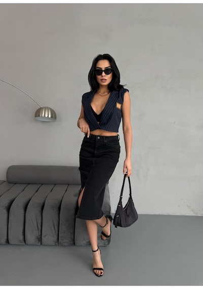 Zeo Basic Yırtmaçlı Midi Boy Likralı Jean Etek Siyah+Füme