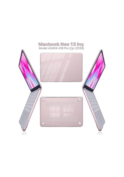 Macbook Neo 13 İnç A3404 Uyumlu Kılıf Kristal Kapak Şeffaf Parlak Tam Koruma Alt Üst Koruyucu Pembe
