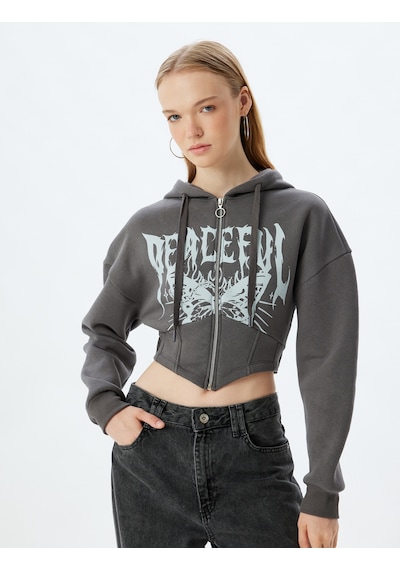 Koton Crop Sweatshirt Fermuarlı Kapüşonlu Korse Detaylı Baskılı Slim Fit Şardonlu Antrasit 5wal10124ık Antrasit Koton Crop Sweatshirt Fermuarlı Kapüşonlu Korse Detaylı Baskılı Slim Fit Şardonlu Antrasit 5wal10124ık Antrasit