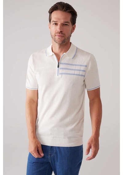 Erkek Kemik Slim Fit Hafif Çizgili Fermuarlı Polo Yaka Tişört