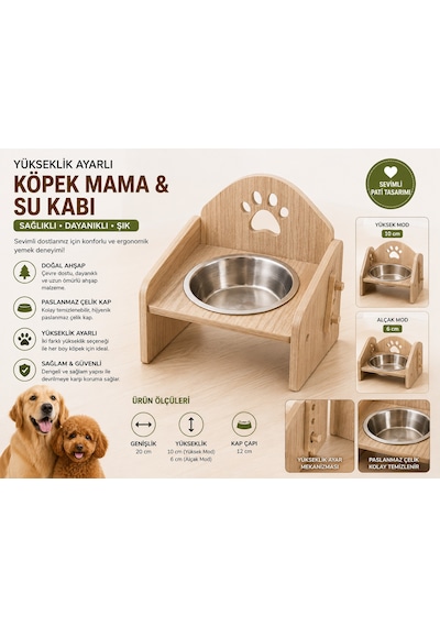 Yükseklik Ayarlı Ahşap Köpek Mama Ve Su Kabı 20 Cm Paslanmaz Çelik Kaseli