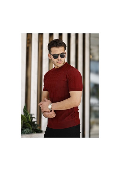 Cool Tarz Bordo Erkek Yuvarlak Yaka Örme T-shirt Bordo Bordo