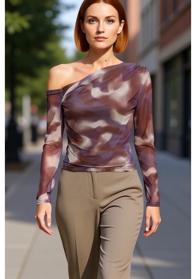 Ersefa Moda Asimetrik Yaka Örme Slim Çiçekli Desen Casual Günlük Regular Kahverengi
