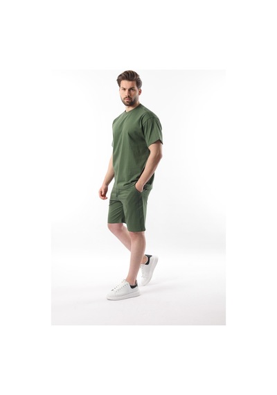 Madmext Haki Overfit Baskılı Erkek Şort T-shirt Takım E7302 Haki