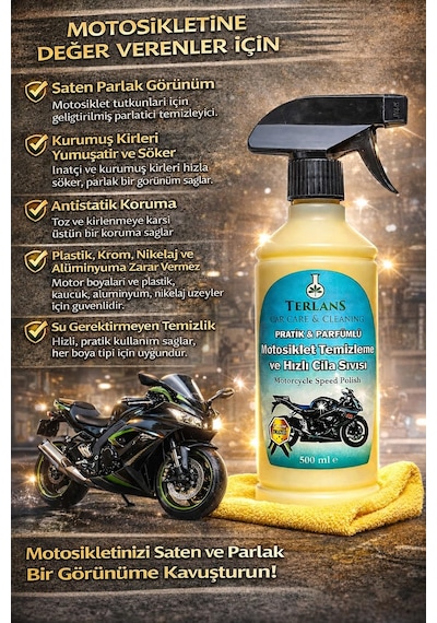 Terlans Motosiklet Temizleyici Parlatıcı Hızlı Cila Boyalı Alan & Plastik Aksam Parfümlü 500 Ml Sprey + Mikrofiber Bez