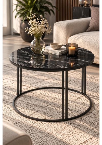 Sulorahome Siyah Orta Sehpa 70 Cm Çapında Yuvarlak Salon Sehpası
