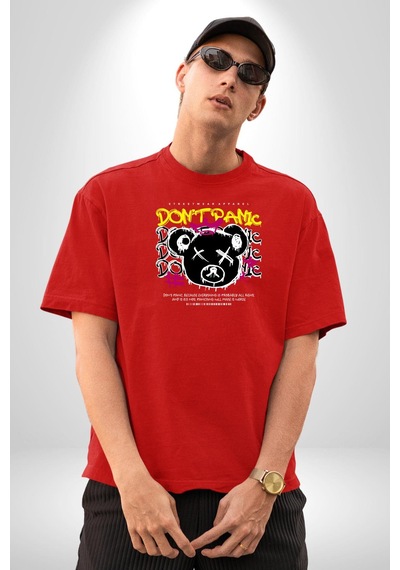 Panik Yok Teddy Pamuklu Bisiklet Yaka Unisex Oversize Boyfriend Dijital Baskılı Kırmızı T-shirt Kırmızı