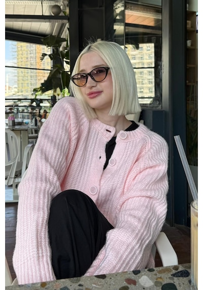 Madmext Pembe Bisiklet Yaka Selanik Örgü Düğmeli Kadın Hırka Mg2487 Pembe