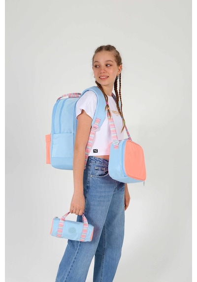 Kaukko Double Stripe Kız Çocuk İlkokul Üçlü Okul Çantası Seti - Mavi Turuncu - Çift Renk MAvi