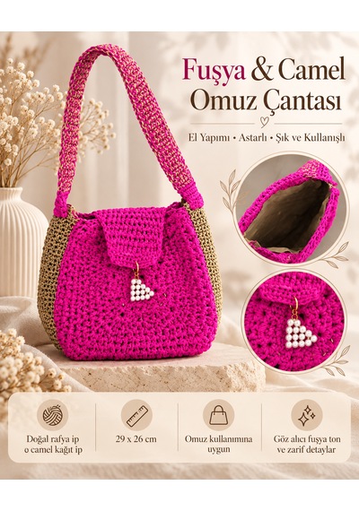 Fuşya Ve Camel Rafya/kağıt İp Çanta Fuşya - Camel