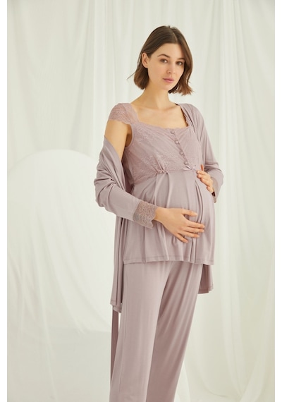 Lohusa Sepeti Lohusasepeti Sabahlıklı Dantelli Omuz Lohusa Pijama Takımı Vizon - 18441 001