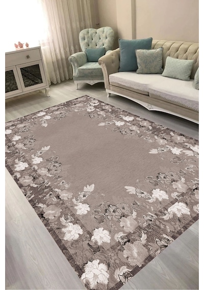 Dijital Baskılı Dikdörtgen Salon Halısı Kaymaz Yıkanabilir Keçe Taban Çiçekli P1388 gri