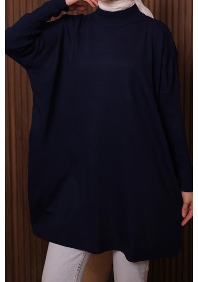 Balenbi Kadın Dik Yaka Basic 80cm Salaş Oversize Triko Tunik 1145 Lacivert
