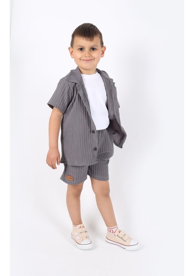 Aden Kids Erkek Çocuk Gömlek+sweatshirt Ve Cepli Şort Alt Üst Takım --ütü İstemez-- Gri