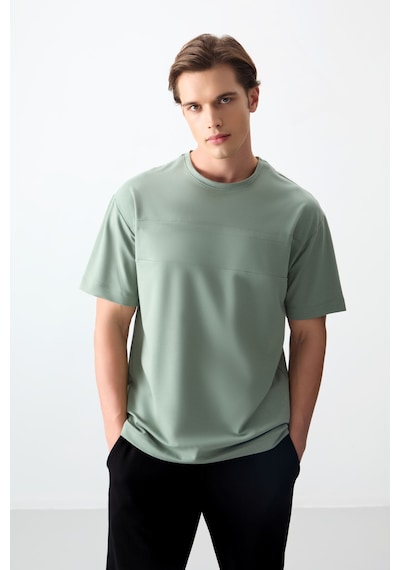 Air Jones Tommy Life Açık Yeşil Pamuklu Kalın Yumuşak Dokulu Oversize Fit Basic Erkek T-shirt - 88378 CAMEL