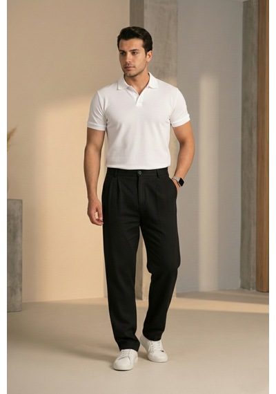 Bürke Çift Pileli Siyah Beli Yarım Lastikli Kaliteli Keten Görünümlü Baggy Pantolon