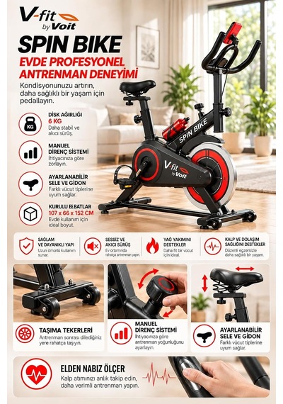 Vfit V-fit By Sb100 Pro Spin Bike Kondisyon Bisikleti Nabız Ölçerli, Direnci Ayarlanabilir Suluk Hediyeli