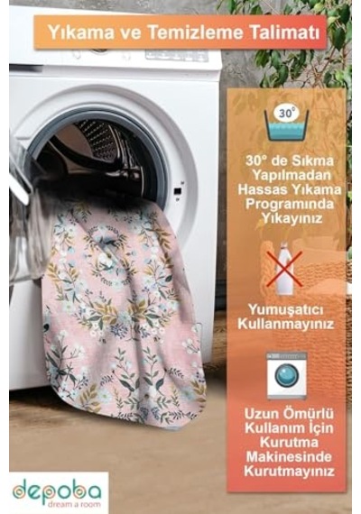 Velda Çiçekli Şönil Kaymaz Doğal Pamuk Tabanlı Yıkanabilir Antibakteriyel Çevre Dostu Salon Halısı 200x300 Diğer