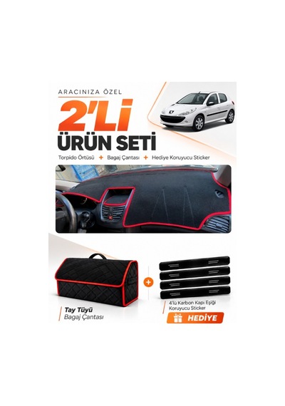 E-biz Peugeot 206+ 2009-2013 Uyumlu Torpido Örtüsü + Tay Tüyü Çanta - Siyah-kırmızı - Pe004