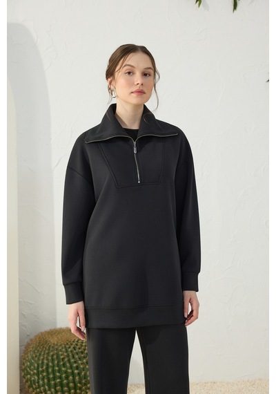 Aker Siyah Yakası Ve Yan Yırtmaçları Fermuarlı Modal Sweatshirt Siyah Siyah