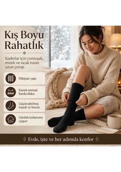 DS Wak Kadın Siyah 6 Lı Kışlık Termal Uzun Çorap Dikişsiz, Esnek Havlu Dokulu, Sıcak Tutan, Güçlendir