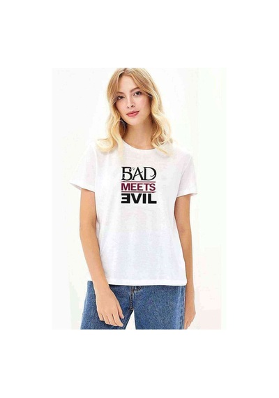 Bad Meets Evil Logo Baskılı Beyaz Kadın Tshirt