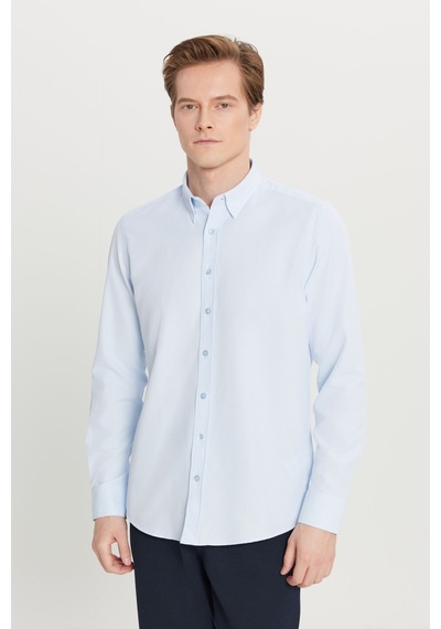 AC&Co / Altınyıldız Classics Erkek Acık Mavı Pamuklu Tailored Slim Fit Dar Kesim Gizli Düğmeli Yaka Armürlü Gömlek Acık Mavı