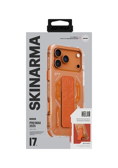 Apple Uyumlu iPhone 17 Pro Max Kılıf M-safeli Teknoloji Desenli Skinarma Helio Mag Charge Standlı Kapak Turuncu Turuncu