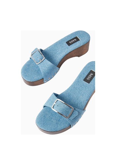 Nass Platza 40 Mavi Denim Stud Detaylı, Ahşap Tabanlı Clog Terlik 38