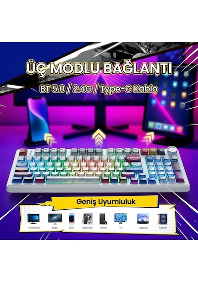 Aula F99 Pro 3 Modlu Rgb Hot Swap Mekanik Star Vector Switch Kablosuz Makrolu Klavye Comic