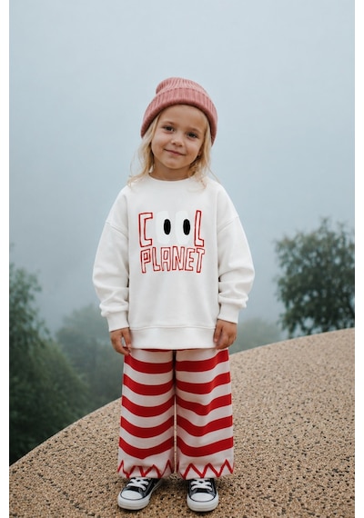 Monila Unisex Çocuk 3 İplik Kumaş Baskılı Pamuklu Sweatshirt Ekru