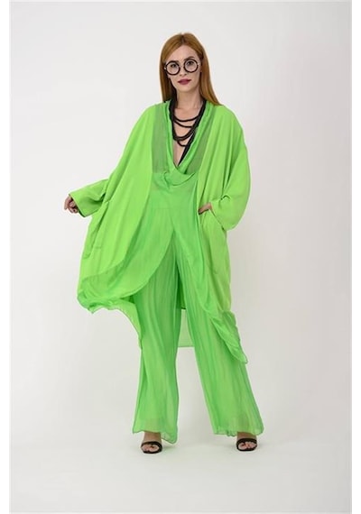 Italyan Ipek Detaylı Oversize Kap Bluz- Wes Pantolon Takım Fıstık Yeşili