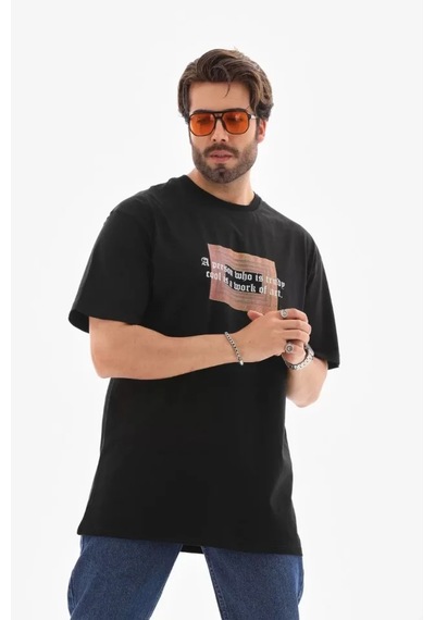 Suma Unisex Bisiklet Yaka Baskılı Oversize T-shirt Siyah S Beden