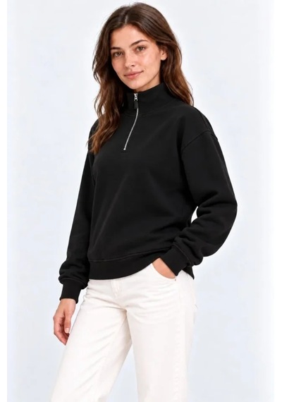 N11 Üç İplik İçi Şardonlu Dik Yaka Yarım Fermuarlı Kışlık Sweatshirt - Siyah