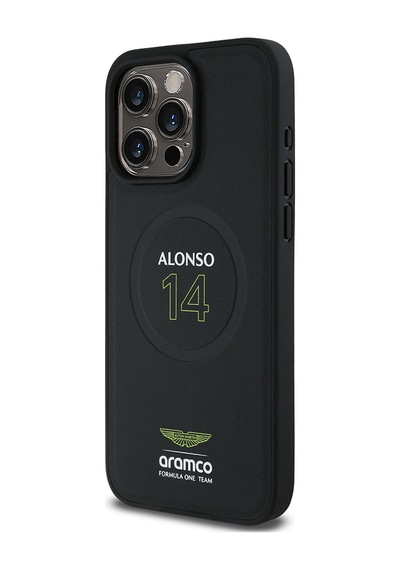 Apple Uyumlu iPhone 15 Pro Max Kılıf Aston Martin Lisanslı Magsafe Pu Deri Alonso 14 Baskılı Kapak Siyah