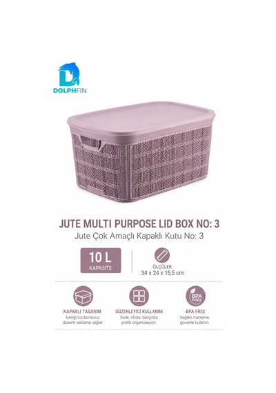 Jute Kapaklı Saklama Kutusu 18 L Plastik Mutfak Kiler Dolap İçi Organizer 31x43x19,5 Cm Mor