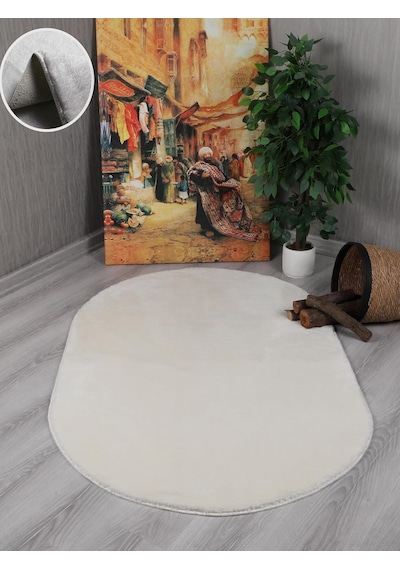 My Evilla Modern Dekoratif Kaymaz Taban Rabbit Oval Halı Yolluk Krem 80 X 150 Çok Renkli