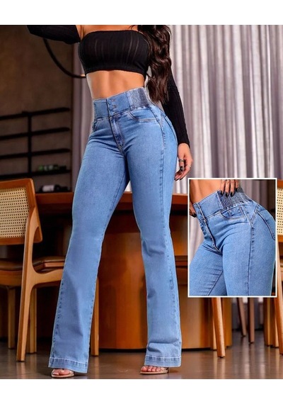 Efnaz Style Kadın Yüksek Bel Yanları Lastik Önü Düğmeli Kot Pantolon Mavi