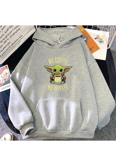 Zip Moda Baby Yoda No Coffee No Workee Baskılı Kapüşonlu Sweatshirt Hoodie Gri