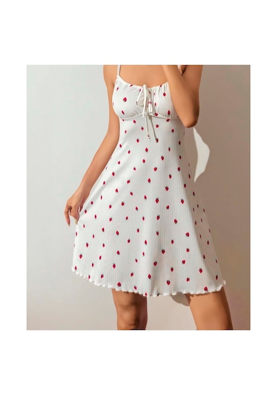 Doğu Collection Kadın Çilek Desenli Beyaz Renk Pamuk Pijama Takımı 13007