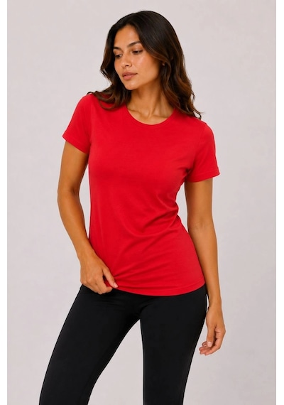 Primemagazam Kadın Basic Tişört Bisiklet Yaka Kısa Kol Günlük Yazlık Slim Fit T-shirt - Kırmızı Çeşitli