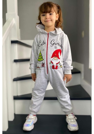 Riccotarz Kız Erkek Bebek Üzerinde Noel Baba Ve Ağaç Önü Fermuarlı Kapüşonlu Gri Tulum Gri