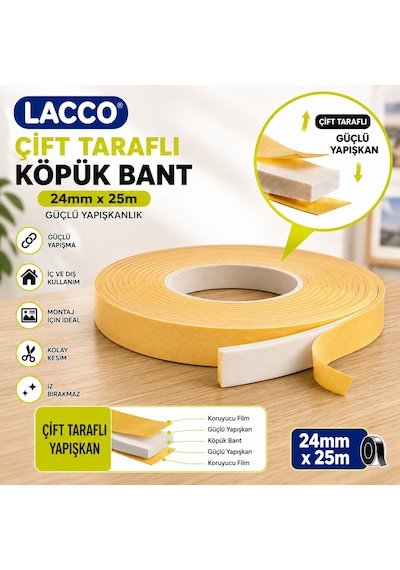 Lacco Çift Taraflı Köpük Bant 24 Mm X 25 M Güçlü Yapışkanlı Montaj Bandı Çok Amaçlı Beyaz 1 Adet