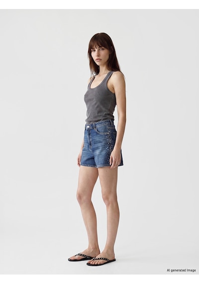 Lcw Jeans İndigo Yüksek Bel Taşlı Kadın Jean Şort
