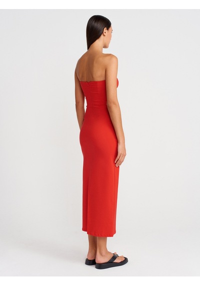 Dilvin 91368 Straplez Midi Elbise-kırmızı Kırmızı
