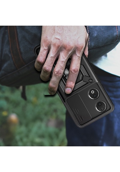 Teknomoda Honor 90 Kılıf Yüzüklü Standlı Sürgülü Kamera Korumalı Tank Sert Silikon Kapak Siyah