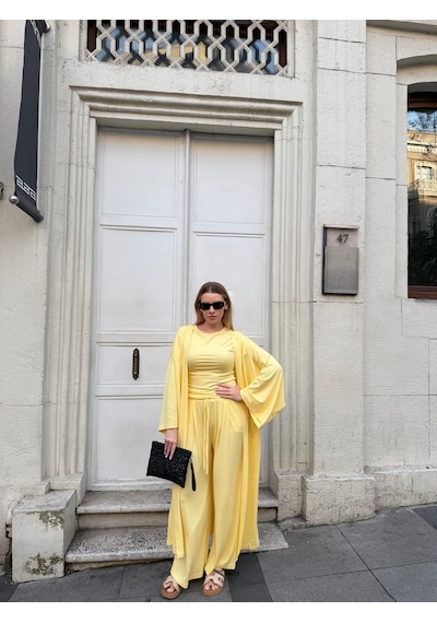 Bonacosa Kadın Viskon 3 Lü Takım Kimono + Beli Lastikli Salaş Pantolon + Kısa Kol Tshirt 8 Renk Sarı